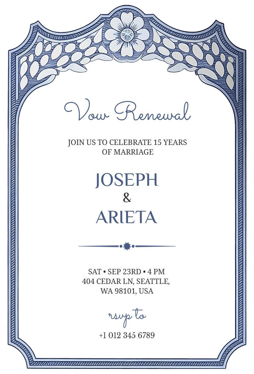 Elegant Blue Floral Vow Renewal Celebration Invitation Template