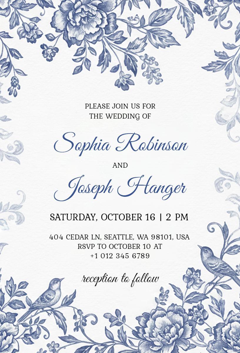 Elegant Blue Floral Wedding Celebration Invitation Template