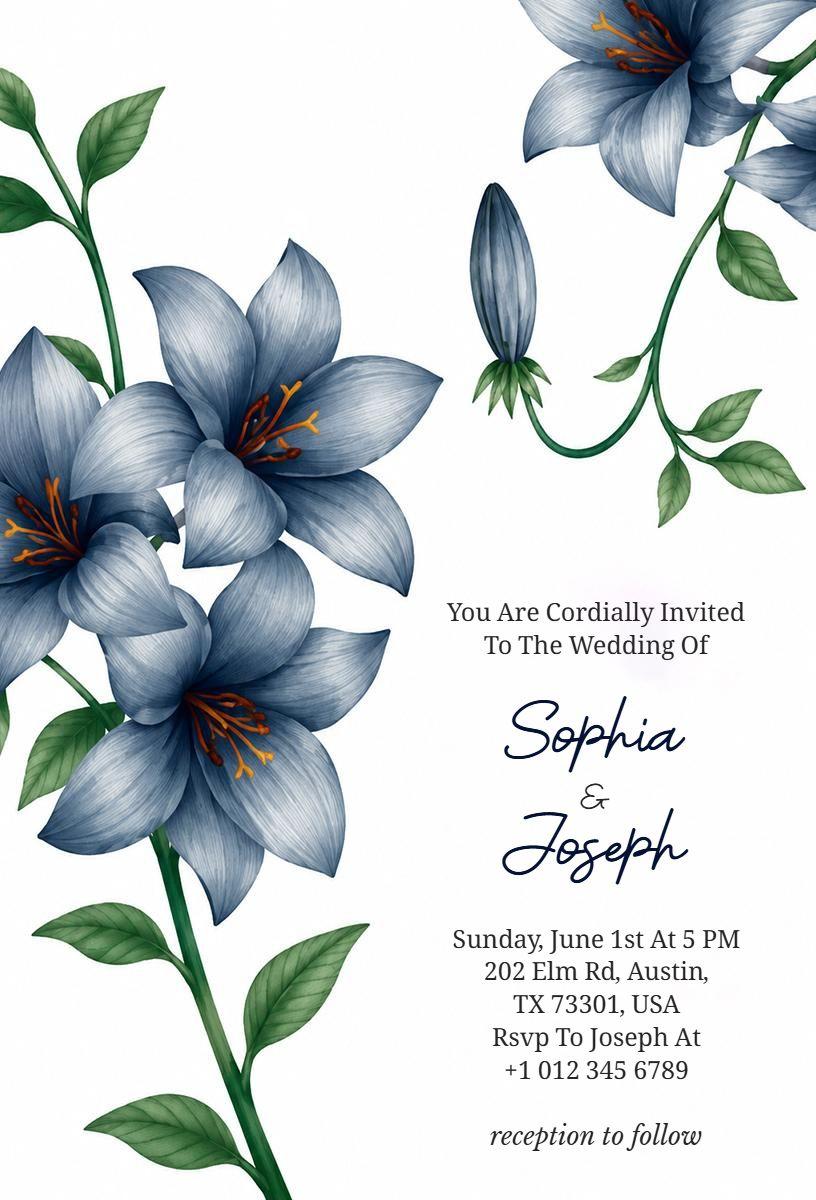Elegant Blue Floral Wedding Ceremony Invitation Template