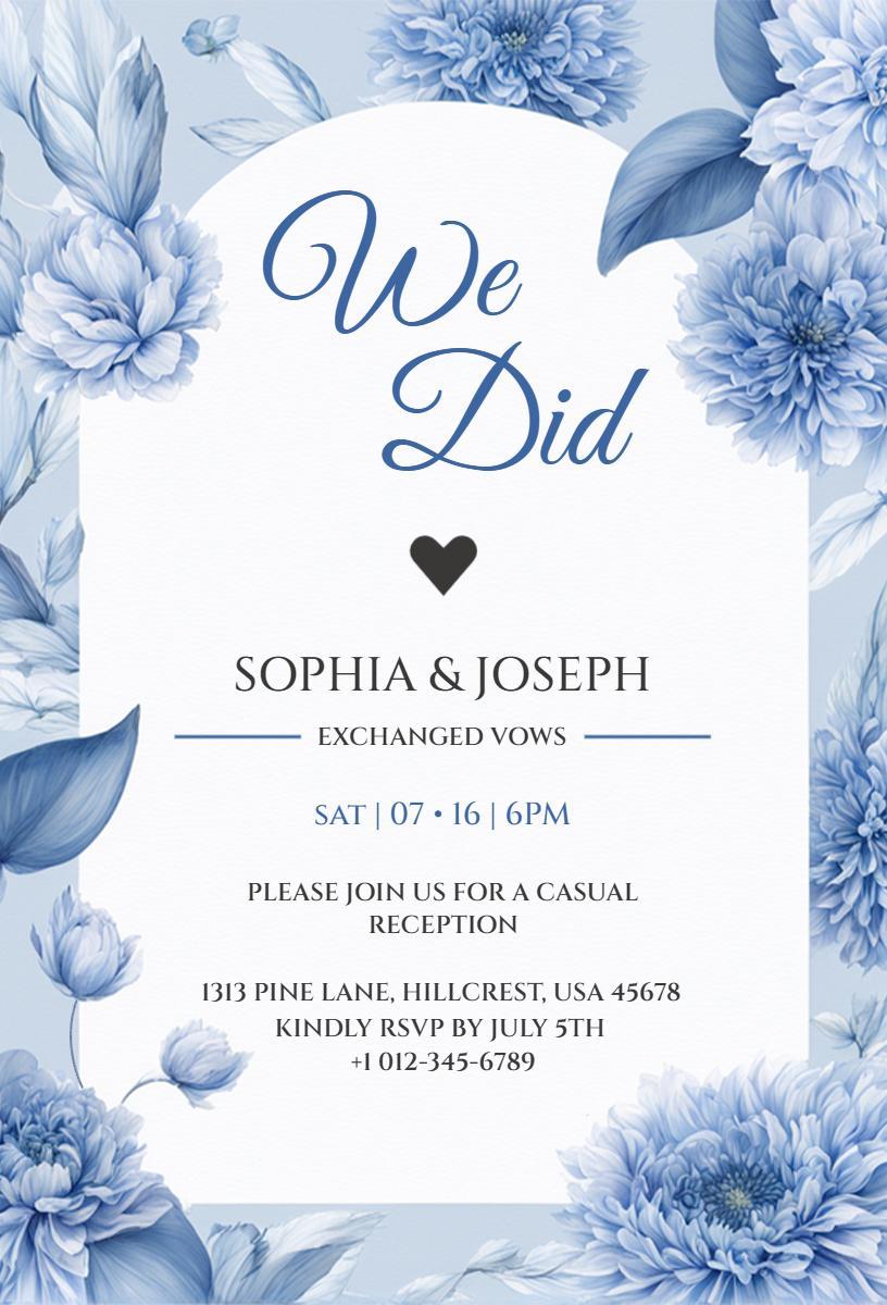 Elegant Blue Floral Wedding Reception Invitation Template