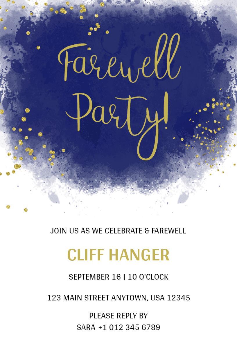 Elegant Blue Gold Farewell Celebration Party Invitation Template