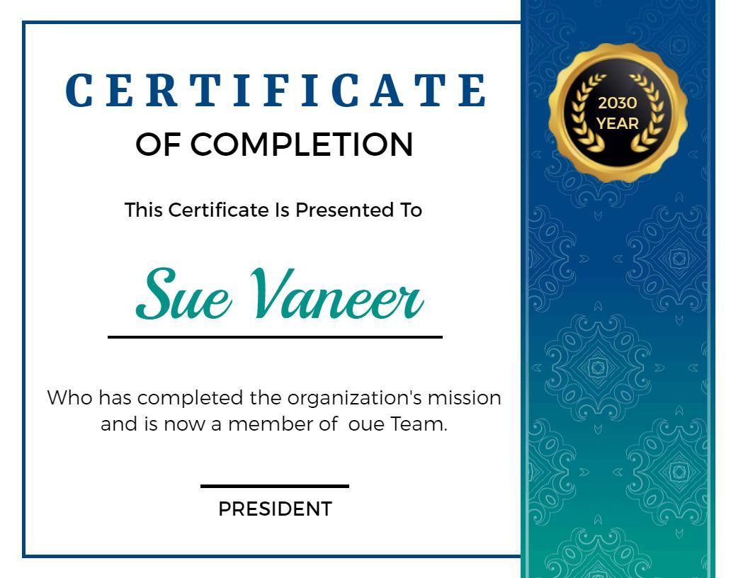Elegant Blue Gradient Organizational Completion Certificate Template