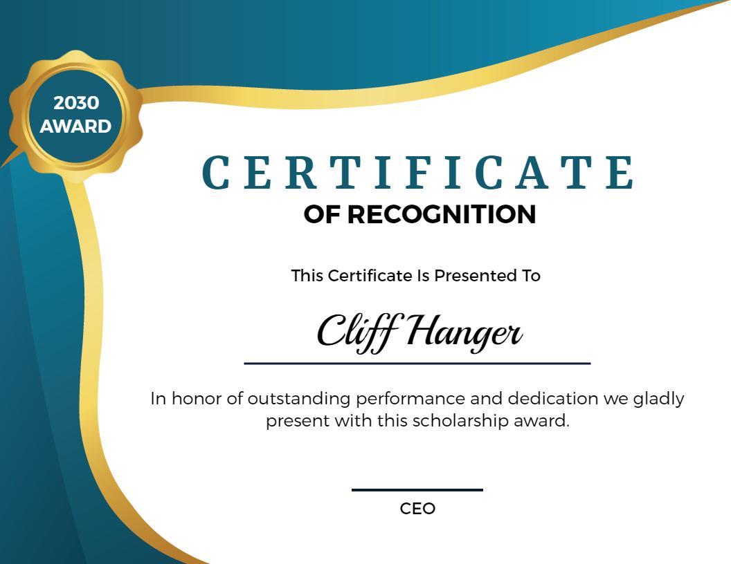Elegant Blue Gradient Recognition Award Certificate Template