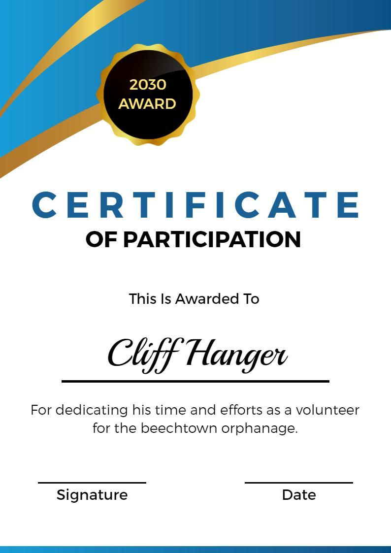 Elegant Blue Gradient Volunteer Participation Certificate Template