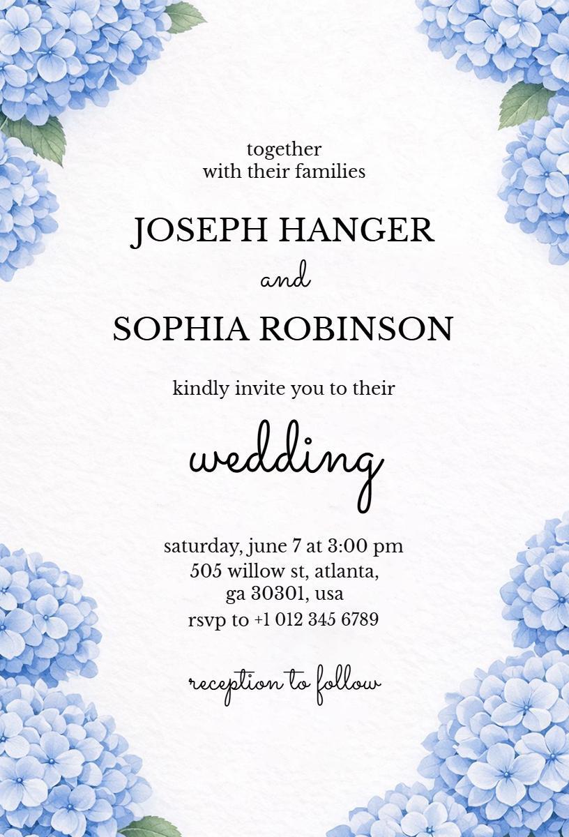 Elegant Blue Hydrangea Floral Wedding Invitation Template