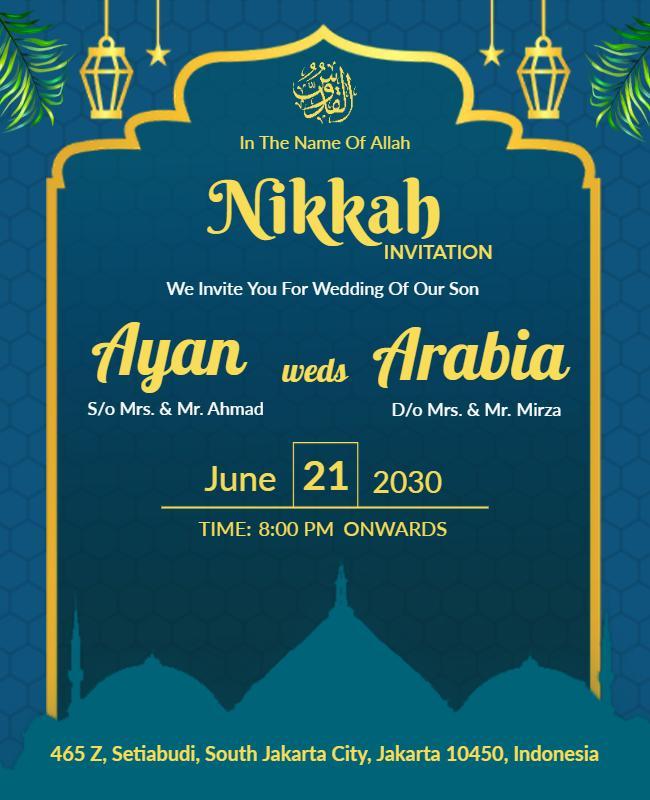 Elegant Blue Islamic Wedding Nikkah Invitation Poster Template