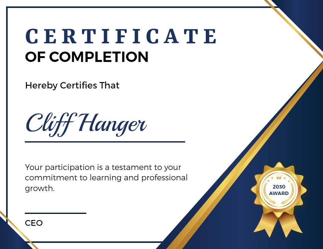Elegant Blue Modern Professional Completion Certificate Template