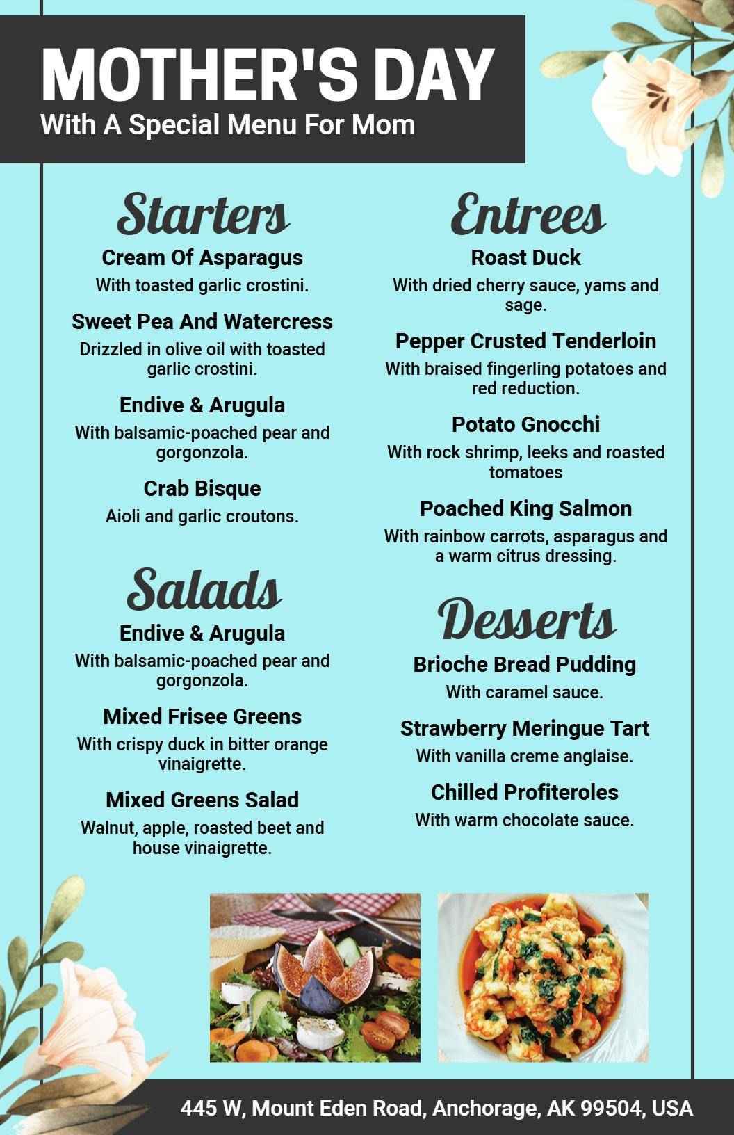 Elegant Blue Mother's Day Dining Menu Template