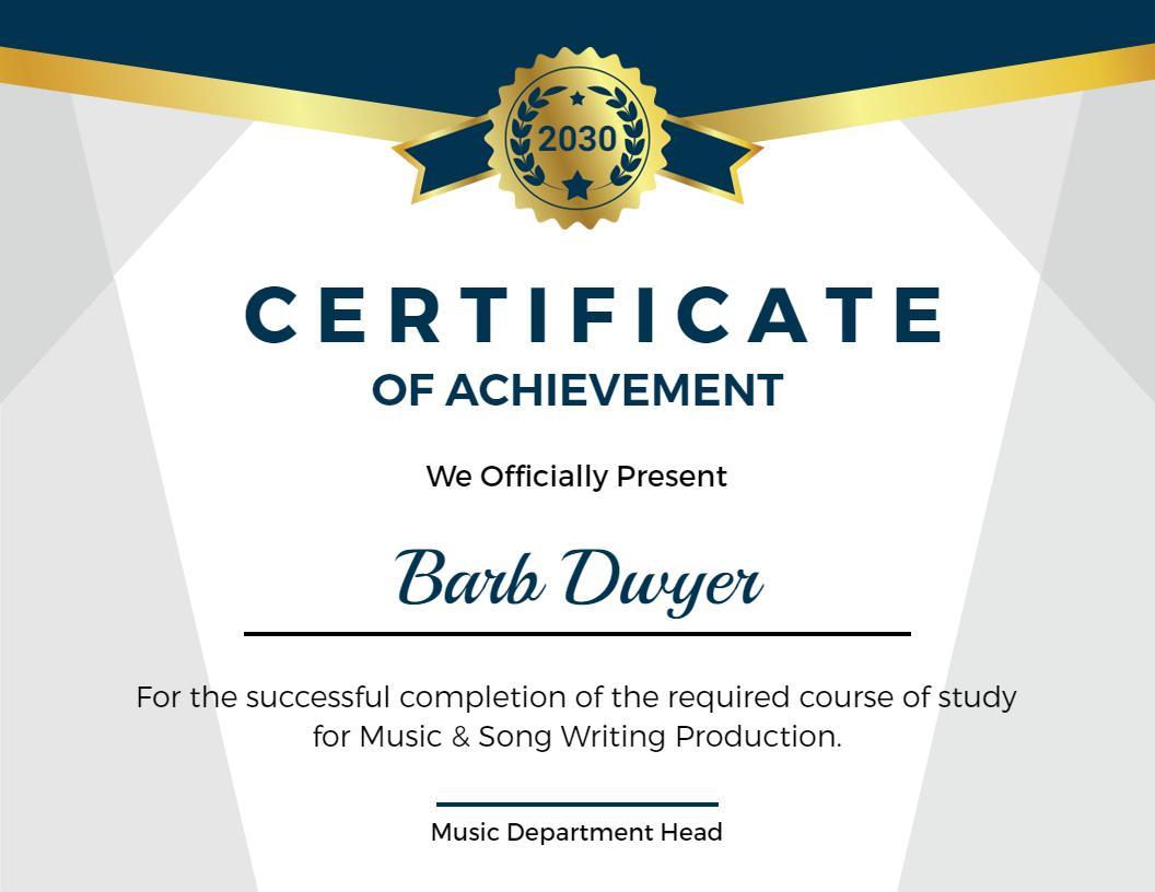 Elegant Blue Music Course Completion Achievement Certificate Template