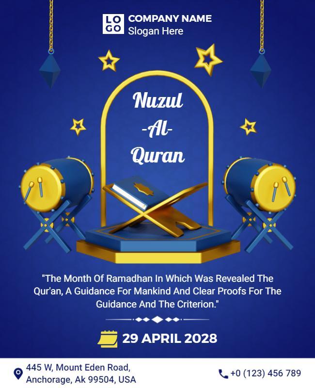 Elegant Blue Nuzul-Al-Quran Ramadan Celebration Poster Template