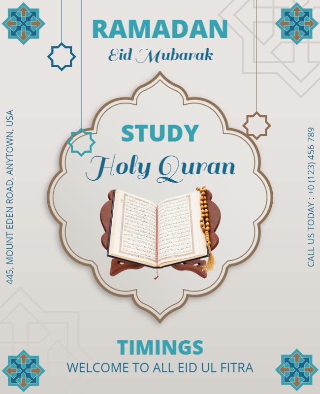 Elegant Blue Ramadan Eid Mubarak Holy Quran Study Flyer Template