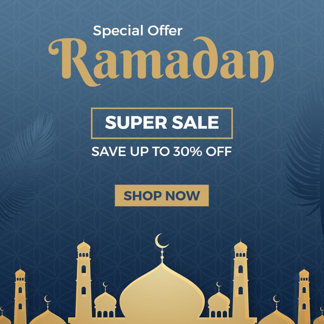 Elegant Blue Ramadan Festival Sale with Mosque Design Ad Template