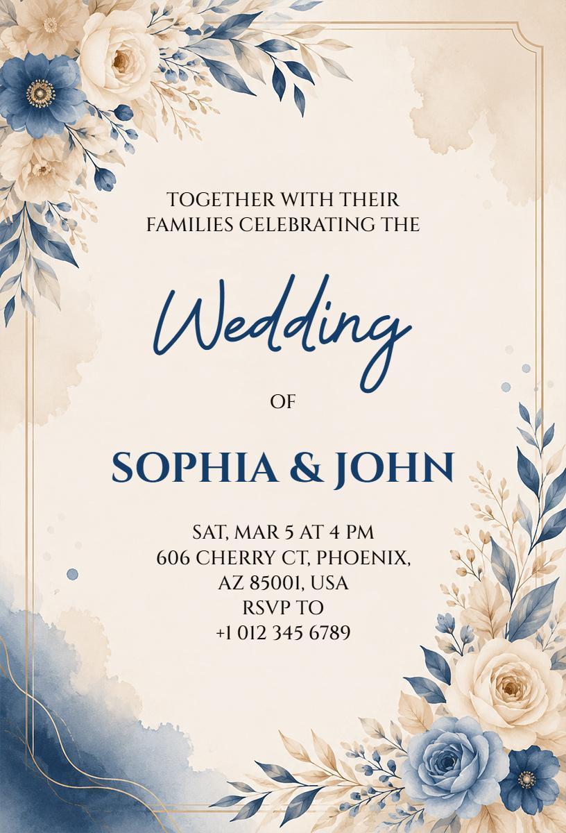 Elegant Blue Rose Floral Wedding Celebration Invitation Template