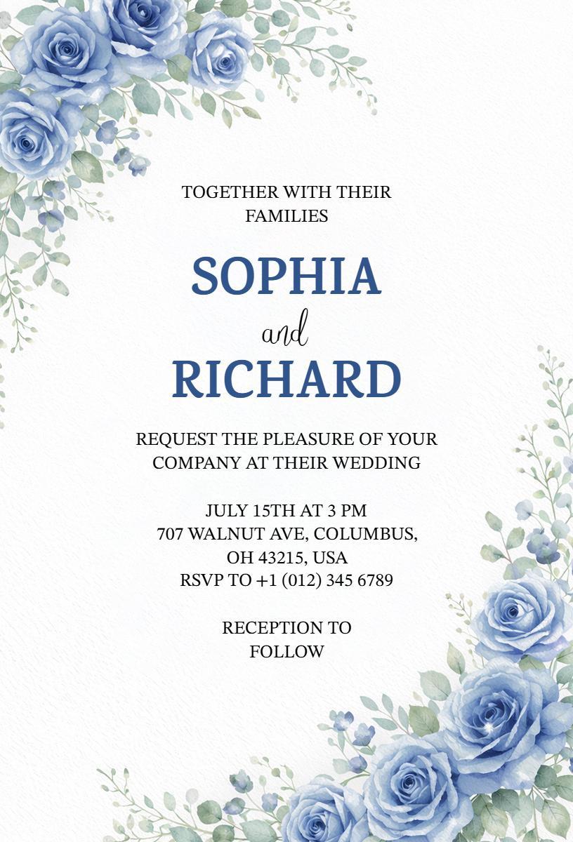 Elegant Blue Rose Floral Wedding Ceremony Invitation Template
