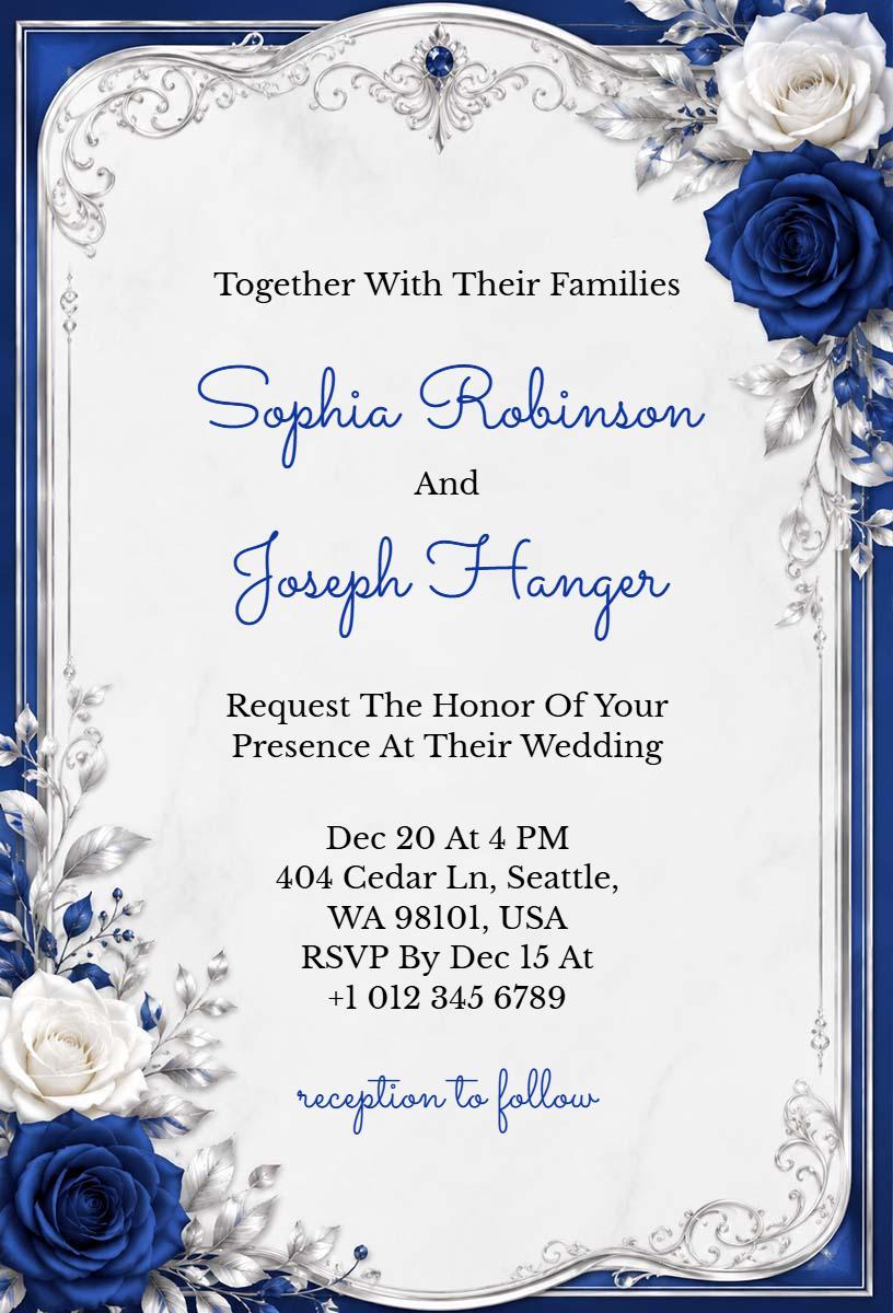 Elegant Blue Rose Wedding Ceremony Invitation Template