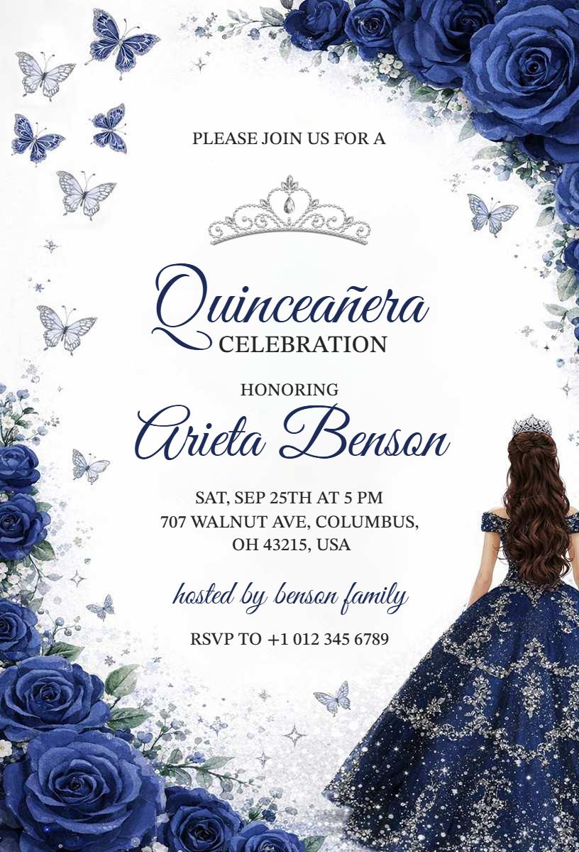 Elegant Blue Roses Floral Quinceanera Celebration Invitation Template