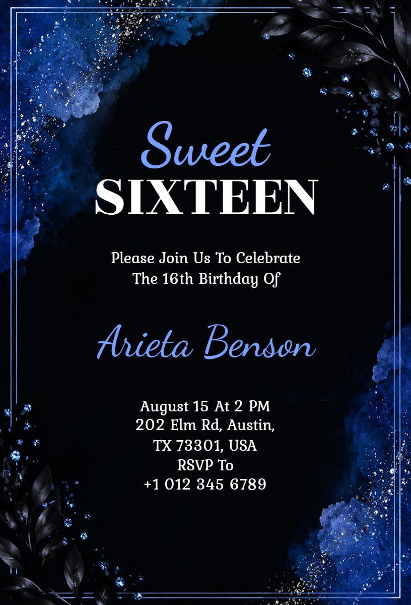 Elegant Blue Sweet 16 Birthday Celebration Invitation Template