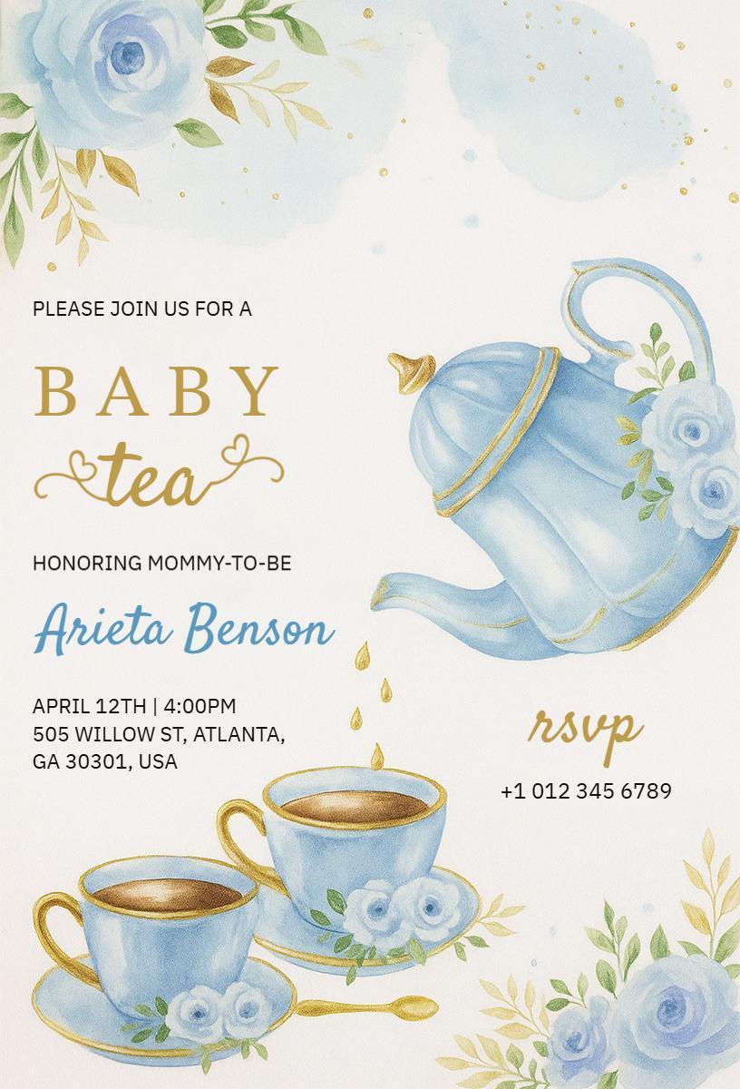Elegant Blue Tea Party Baby Shower Invitation Template