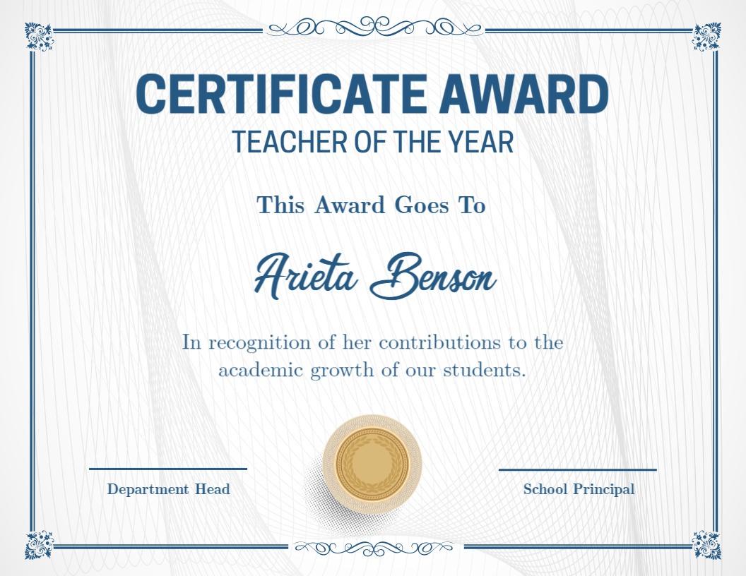 Elegant Blue Teacher of the Year Recognition Award Certificate Template