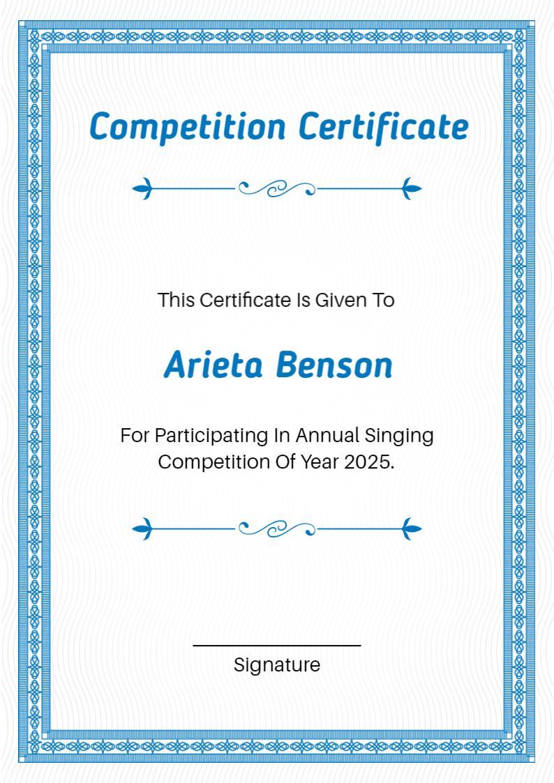 Elegant Blue Themed Annual Singing Competition Certificate Template
