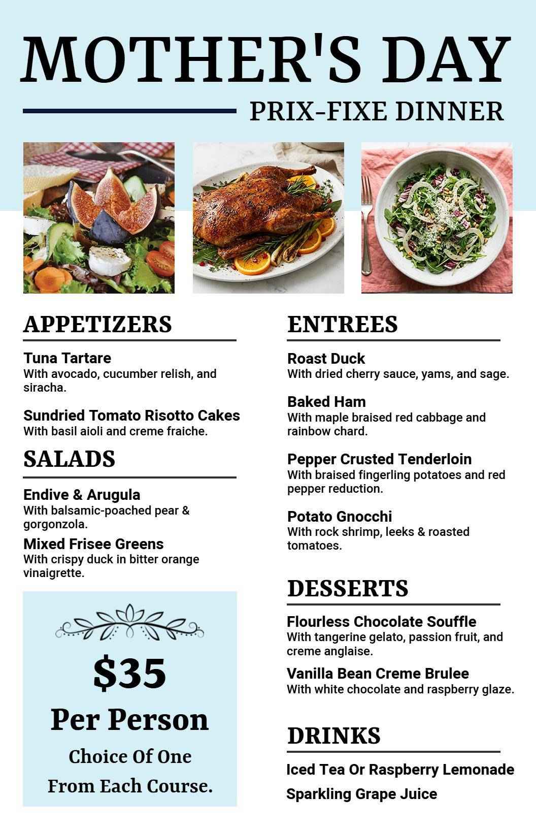 Elegant Blue Themed Prix-Fixe Mother's Day Menu Template