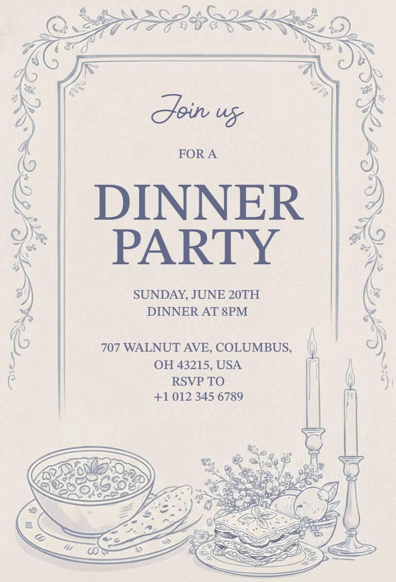 Elegant Blue Vintage Style Dinner Party Invitation Template