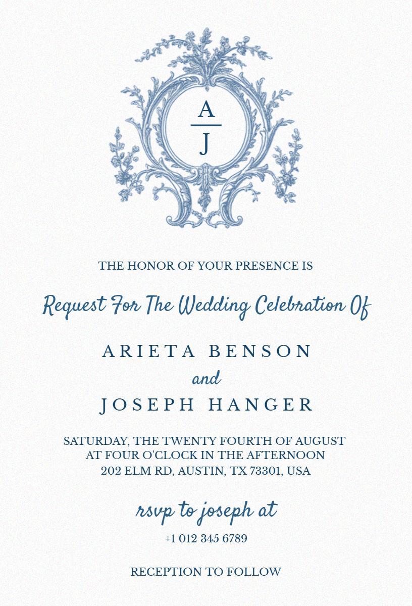 Elegant Blue Vintage Wedding Celebration Invitation Template