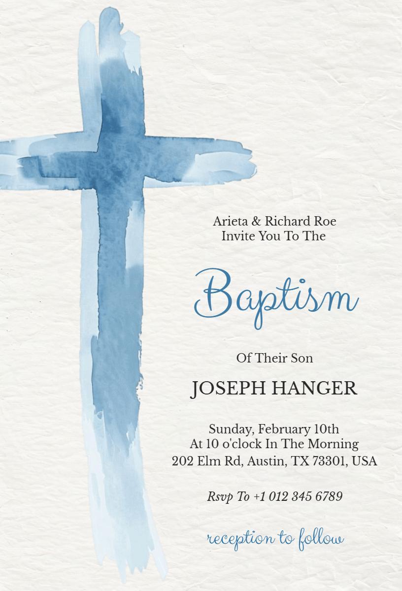 Elegant Blue Watercolor Cross Baptism Invitation Template