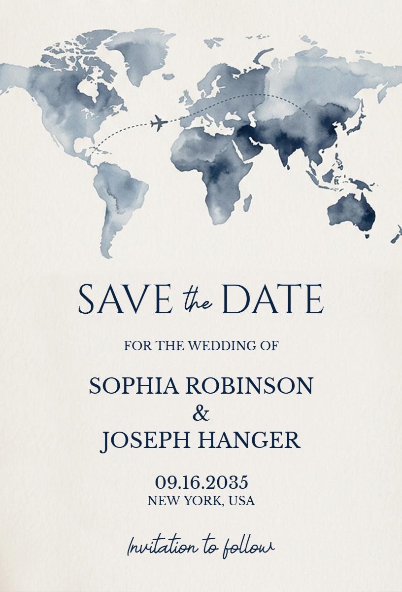 Elegant Blue World Map Destination Wedding Invitation Template