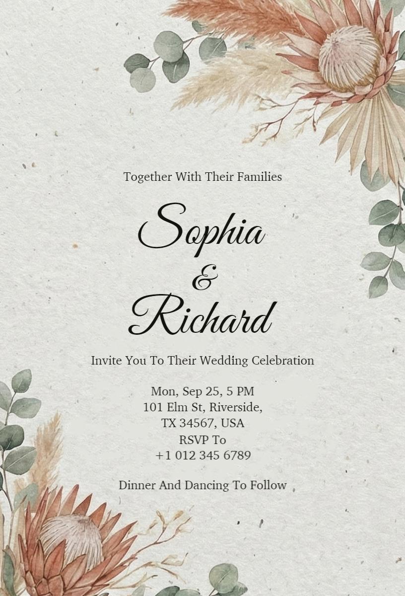 Elegant Boho Floral Wedding Celebration Invitation Template