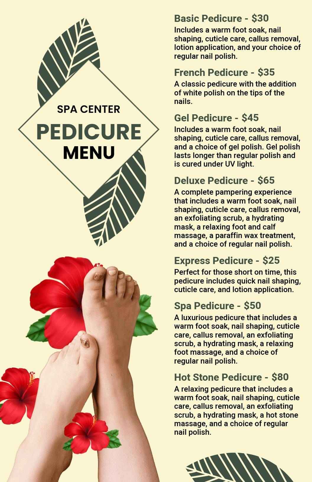 Elegant Botanical Pedicure Service Menu Template