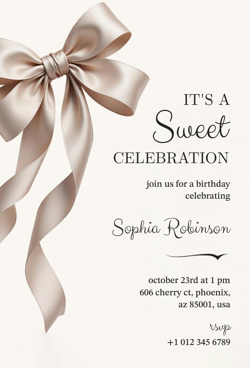 Elegant Bow Sweet Birthday Celebration Invitation Template
