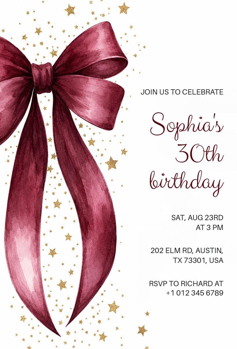 Elegant Bow Themed 30th Birthday Celebration Invitation Template
