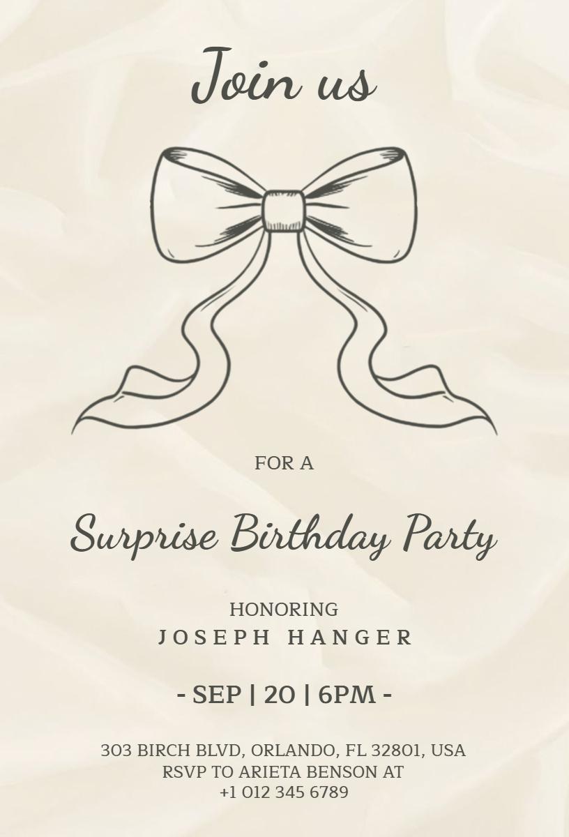Elegant Bow Themed Surprise Birthday Party Invitation Template