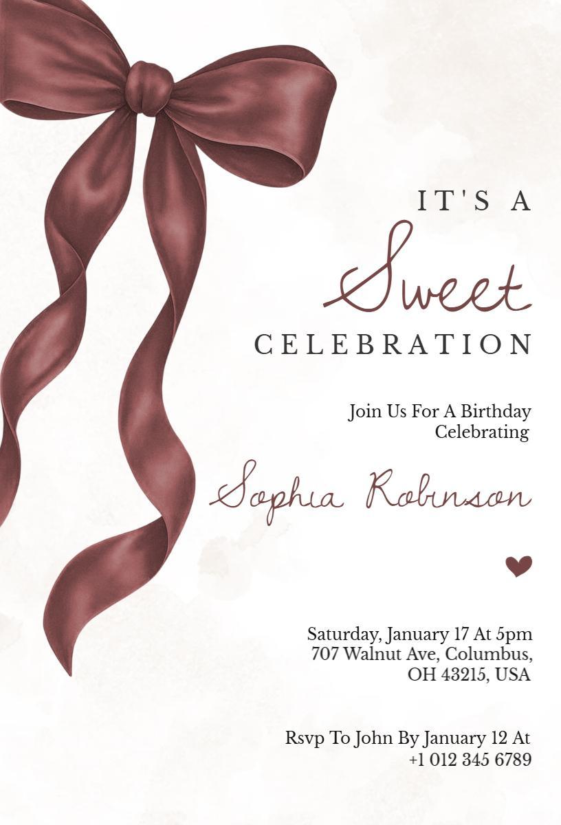 Elegant Bow-Themed Sweet Birthday Celebration Invitation Template