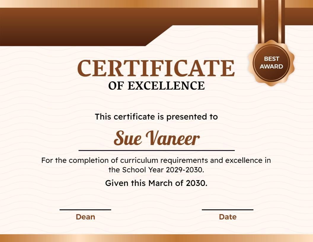 Elegant Bronze Achievement Excellence Certificate Template