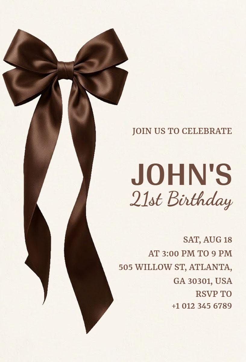 Elegant Brown Bow 21st Birthday Celebration Invitation Template