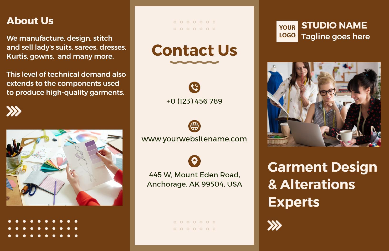Elegant Brown Fashion Alterations and Tailoring Services Brochure Template