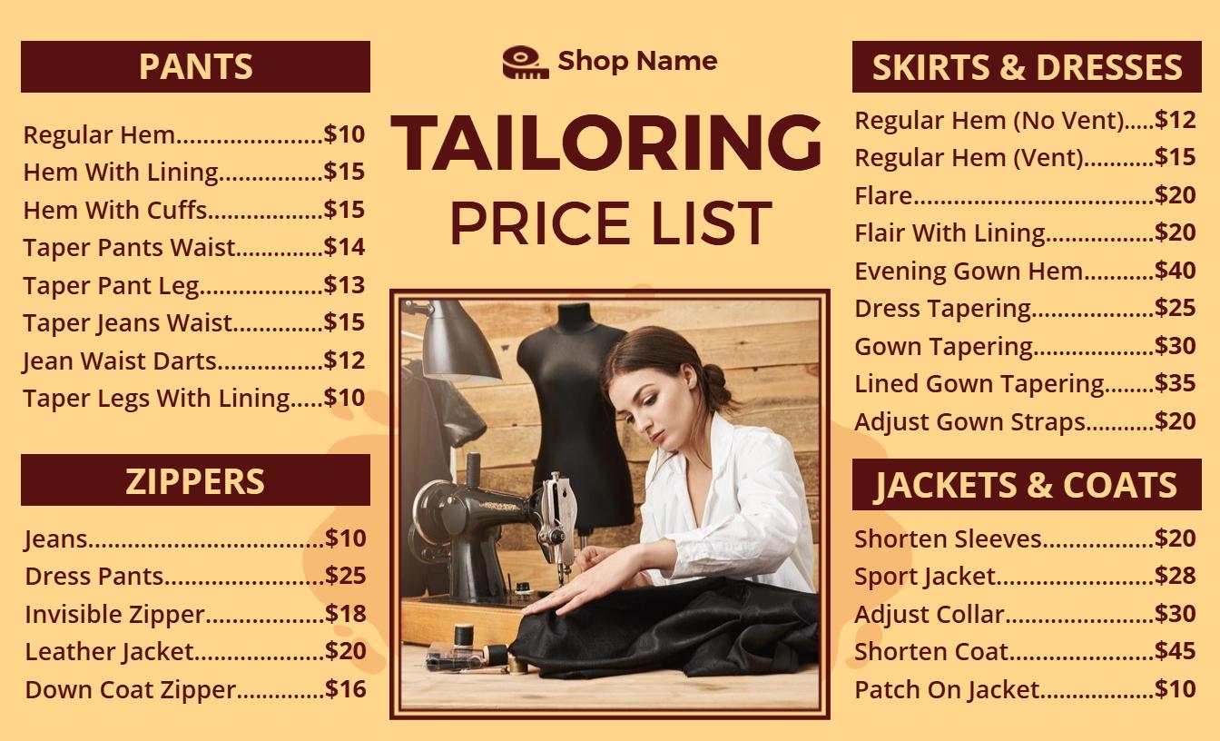 Elegant Brown Tailoring Services Price List Template
