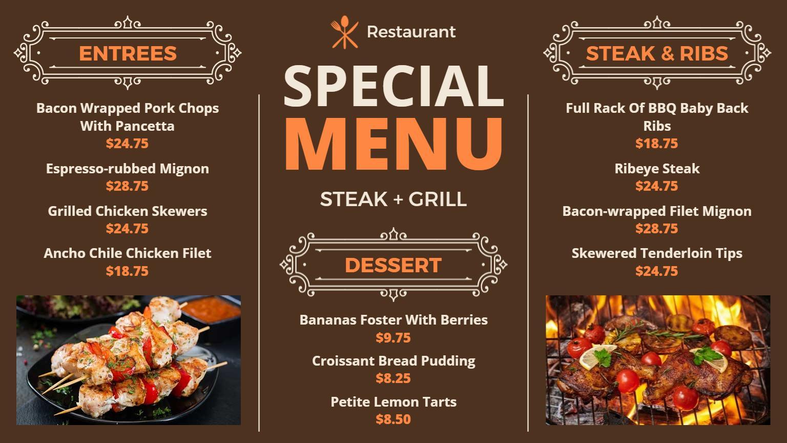 Elegant Brown Themed Restaurant Special Menu Template