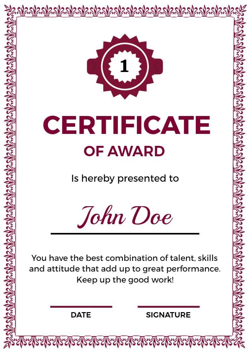 Elegant Burgundy Award Presentation Certificate Template