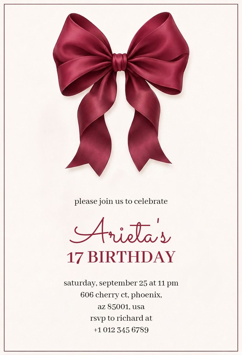 Elegant Burgundy Bow Themed Birthday Celebration Invitation Template