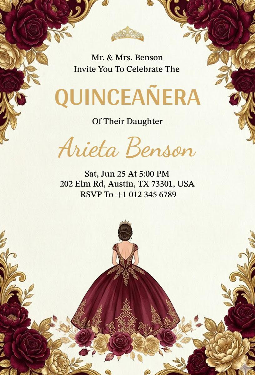 Elegant Burgundy Floral Quinceanera Celebration Invitation Template