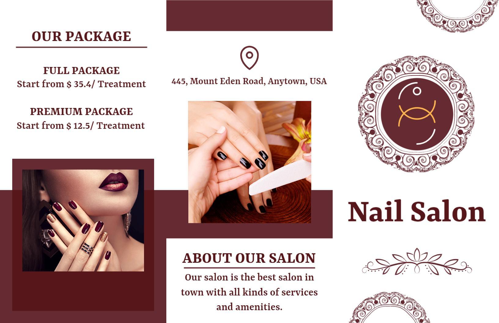 Elegant Burgundy Nail Treatment Packages and Discounts Brochure Template