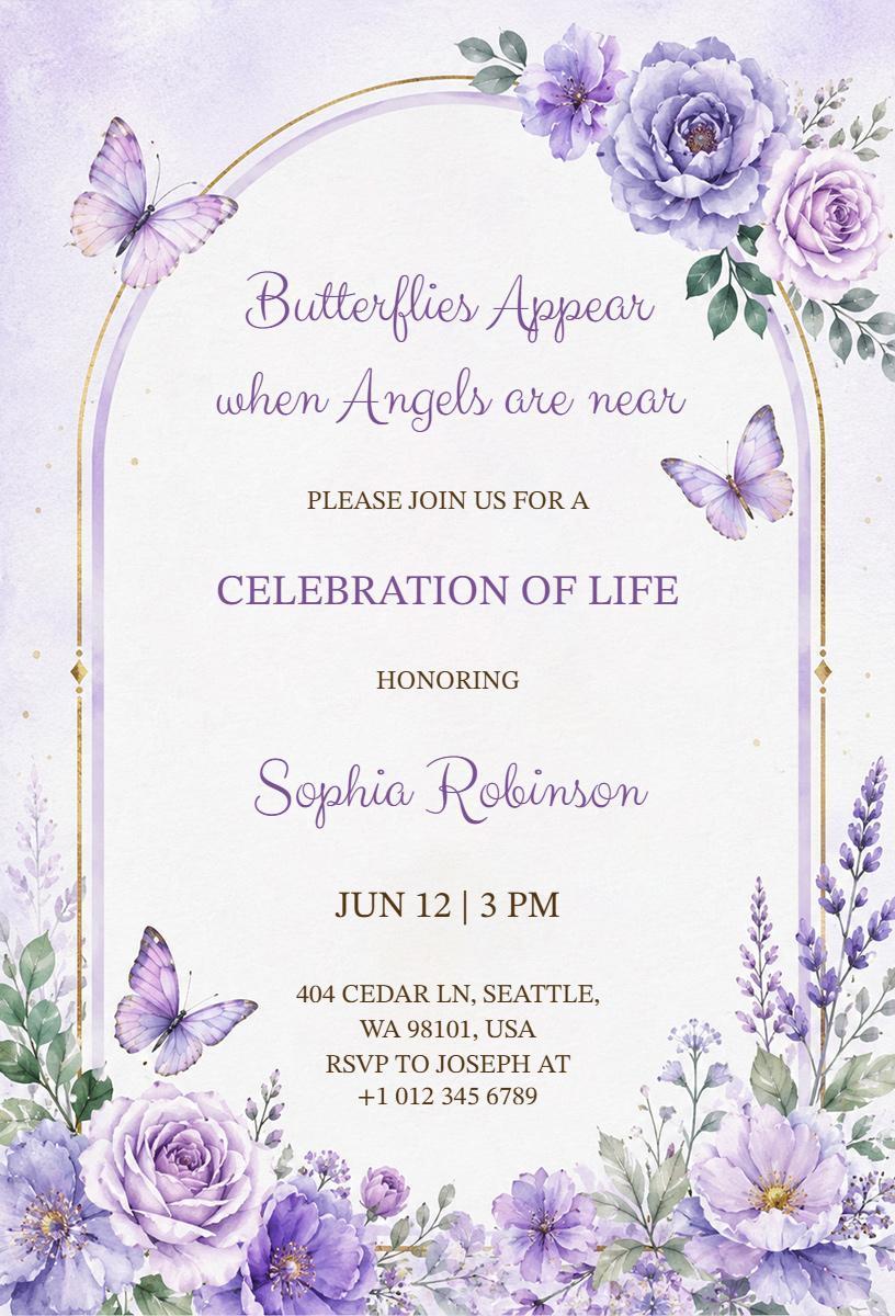 Elegant Butterfly Floral Celebration Of Life Invitation Template