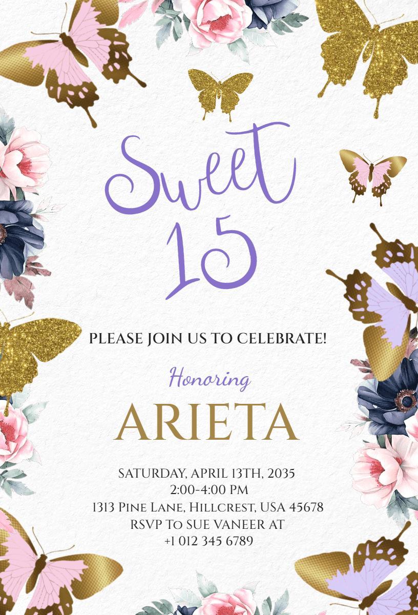 Elegant Butterfly Sweet 15 Birthday Celebration Invitation Template