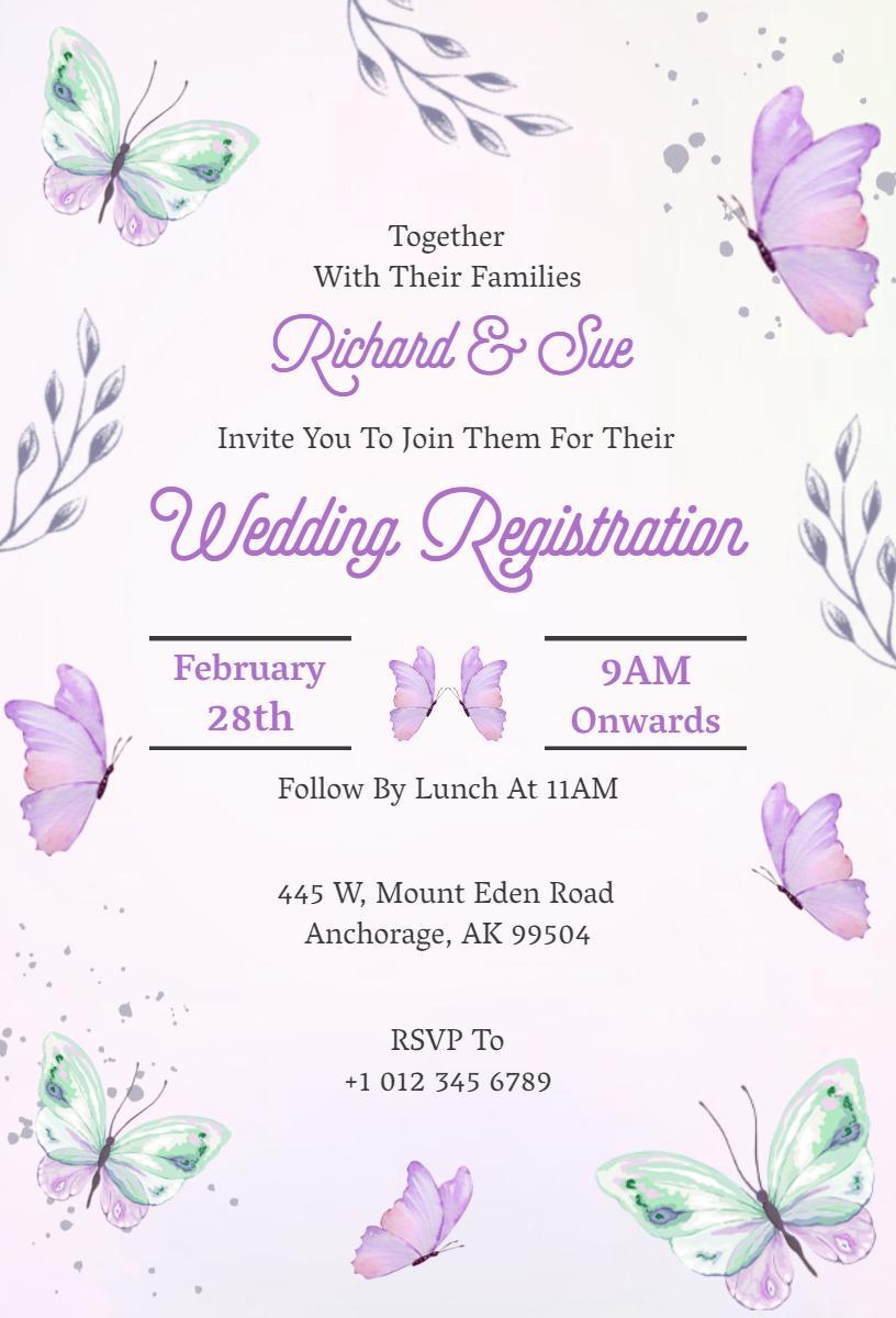 Elegant Butterfly Wedding Registration Invitation Template