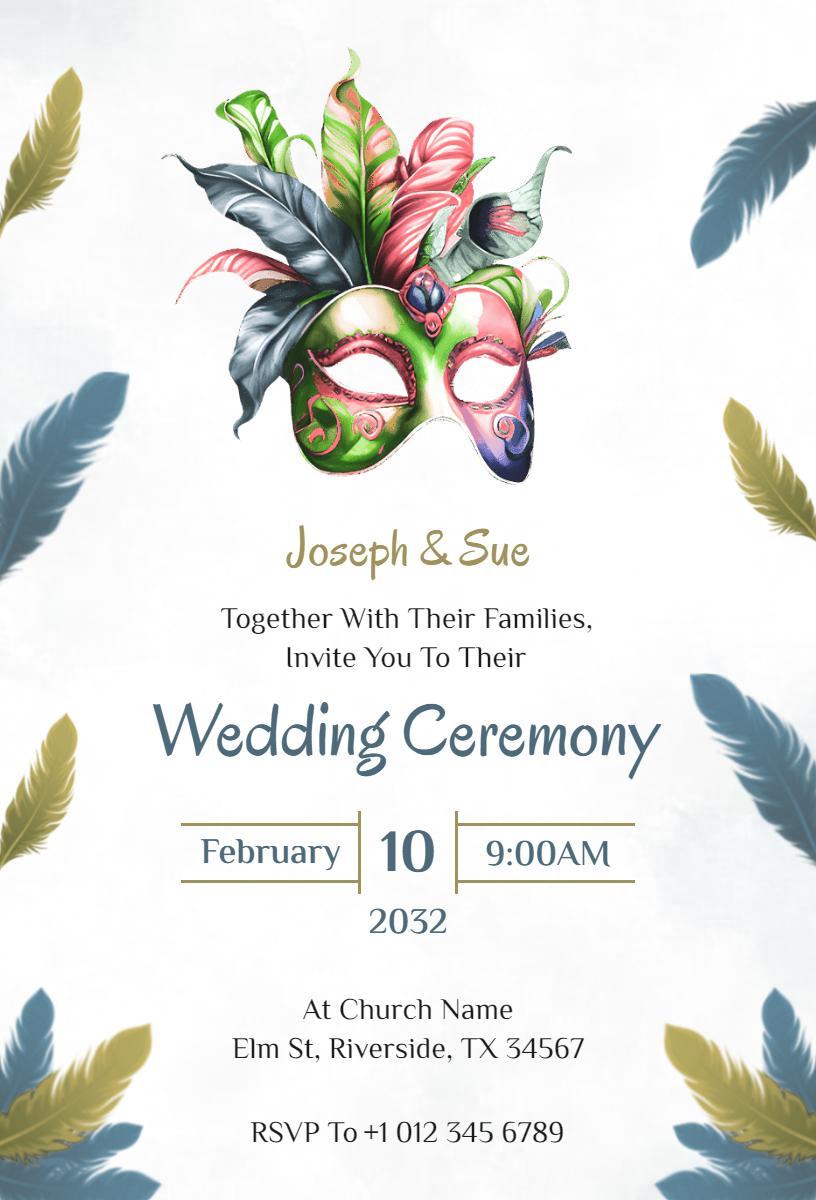 Elegant Carnival Mask Themed Wedding Ceremony Invitation Template