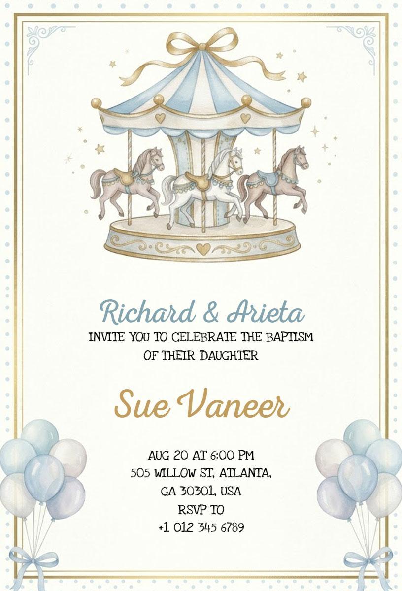 Elegant Carousel Theme Baptism Celebration Invitation Template