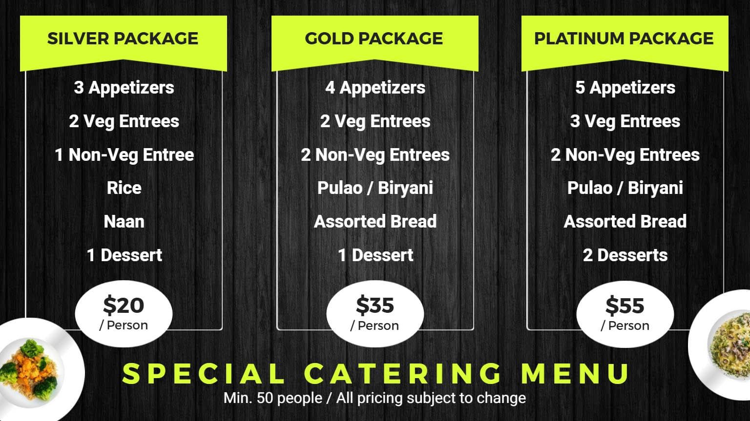 Elegant Catering Packages with Appetizers and Entrees Catering Menu Template